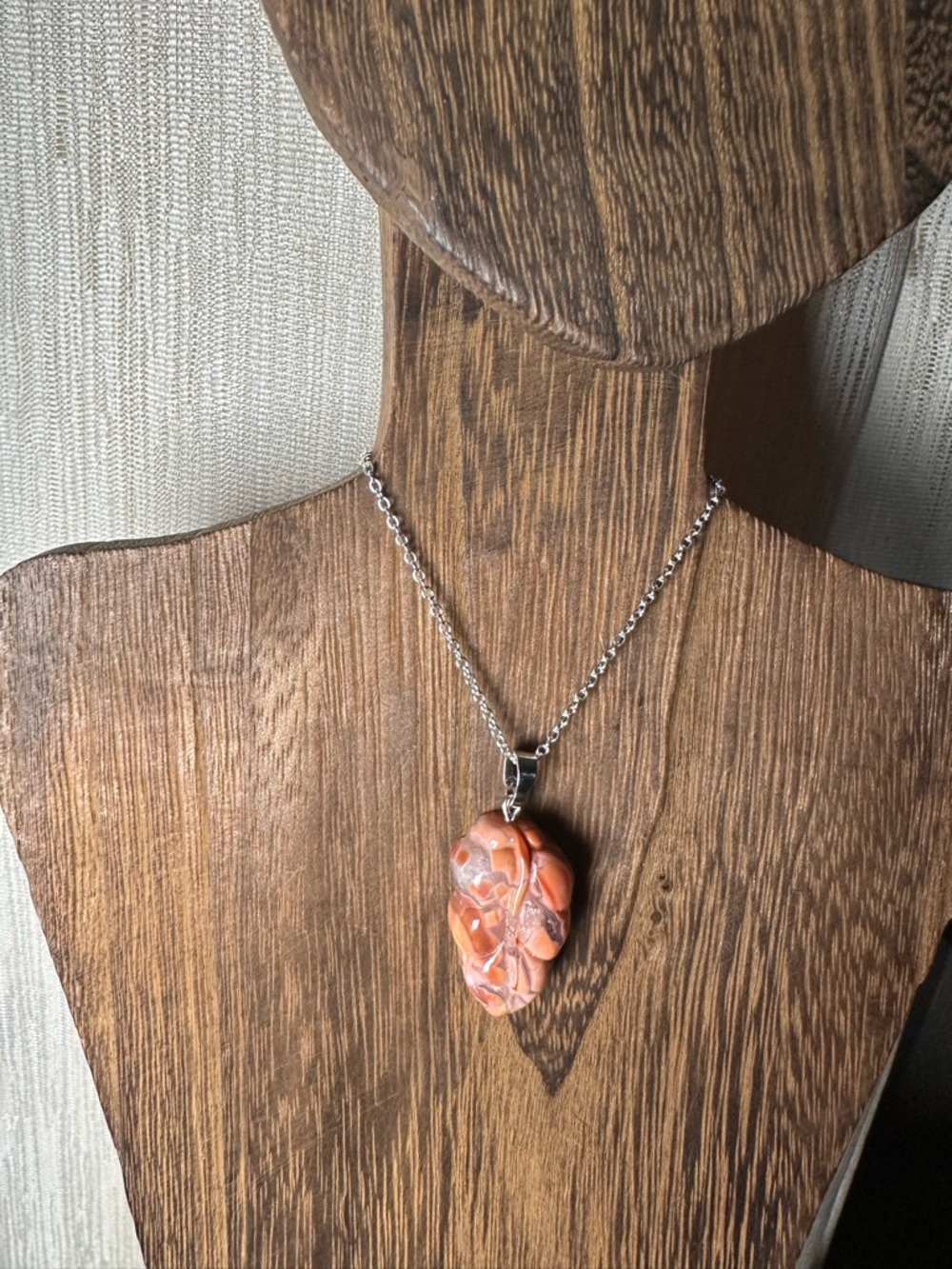 Dark Pink/Salmon Pink “Cotton Candy” Agate Pendant on Silver Plated Chain - Picture 3 of 13